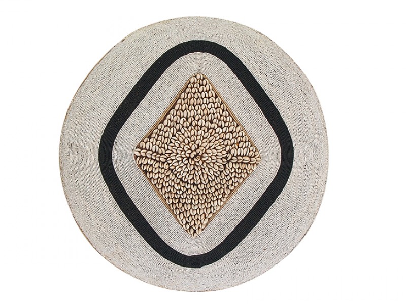 Large Beaded Shield - White With Black and Cowrie Diamond